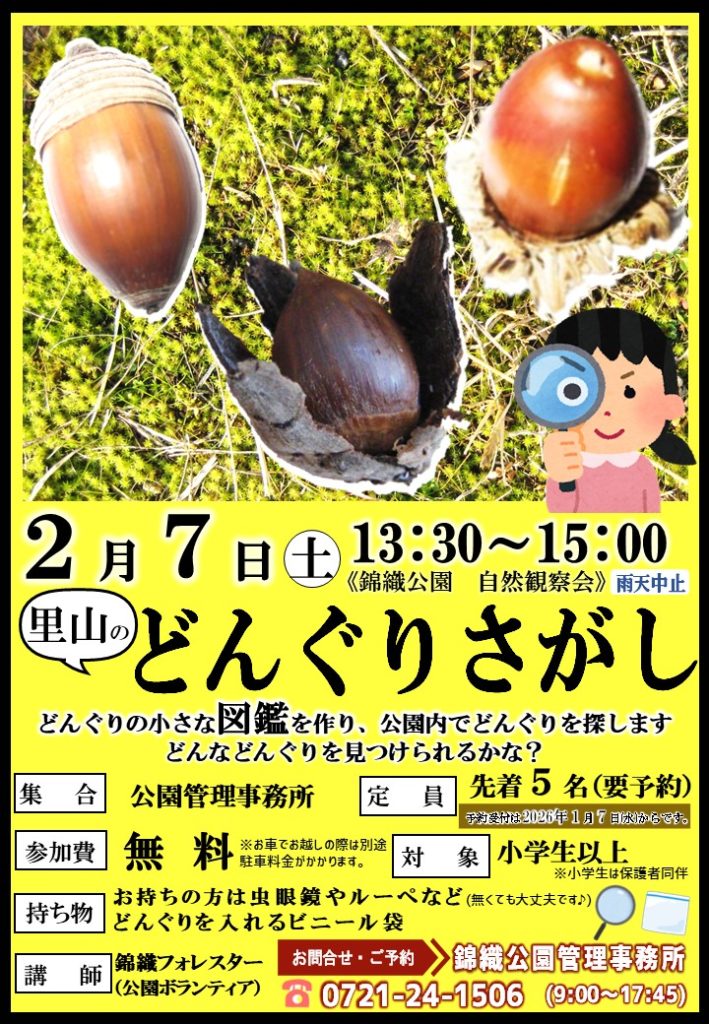 富田林市］2月7日、錦織公園で、どんぐりさがし｜泉北・金剛さやま