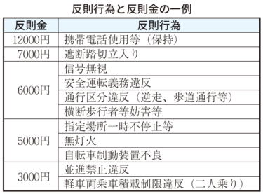反則行為と反則金の一例